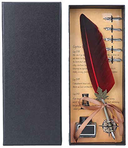 LANTRO JS Kalligraphie-Stift-Set, Federstifte Zum Schreiben, Zeichenstifte, Antiker Federkiel, Heimdekoration Mit Geschenkbox, (ohne Tintenset)(Rot)