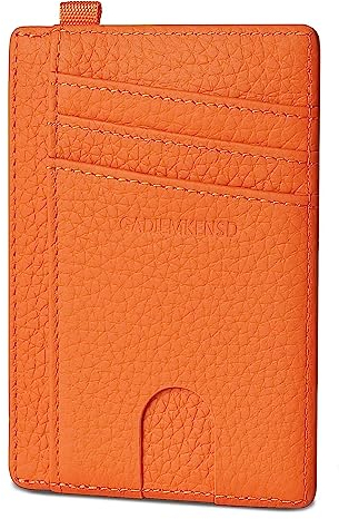 GADIEMKENSD Credit Card Holder RFID Blocking Genuine Leather Slim Card Wallet Compact Size Card Cases for Women Men Keychain Wallet Purse with D Shackle Llaveros De Hombre Exemption Card Set Orange