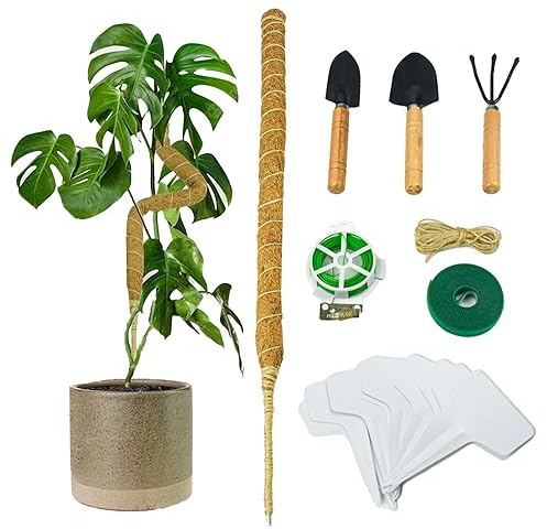 Kikuo Moss Pole, 2PCS 60CM Bendable Moss Pole, Plant Stands Indoor with Plant Gardening Tools Set and twine, Handmade Coir Poles Moss Stick for Climbing Plants Growth