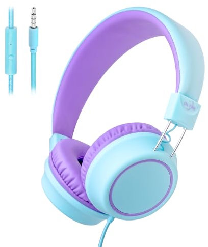 Olyre Kids Headphones Wired with Microphone 3.5mm Jack Lightweight Foldable Toddler Headphones for School & Travel, Braided Cord Durable Design for Boys & Girls (Mint Blue/Ionized Violet)