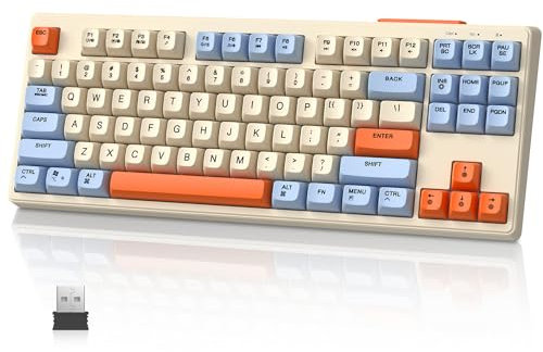 MAMBASNAKE M87 TKL 87 Keys Dual Mode Wireless Gaming Keyboard, Bluetooth/2.4Ghz, PBT Keycap, 4000mAh Rechargeable Battery, Mixed Color Rainbow Backlit Keyboard with Mechanical Feeling-Blueberries