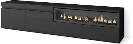 Skraut Home | Mueble TV | Televisión | Muebles de salón, almacenaje | 200x45x35cm | para TV hasta 80 | Chimenea eléctrica | Estilo Moderno | Negro