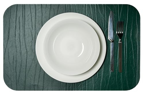CORIUM® Tovagliette Americane Lavabili Colazione 50x32cm. Set 2 Tovagliette + Sottobicchieri. Sottopiatti colazione eleganti in pelle riciclata lavabili per copertura tavolo (verde)