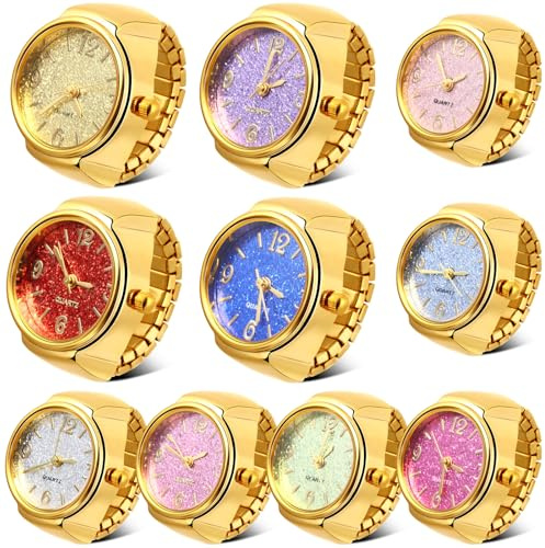 Landical 10 Pcs Finger Watches for Women Men Adjustable Clock Rings Bulk Creative Elastic Round Quartz Finger Watches(Bright Color,Classic)