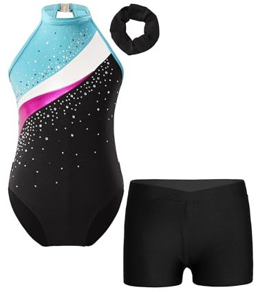 MSemis Mädchen Gymnastikanzug Ärmellos Turnanzug Trikotanzug Gymnastik Tanz Training Gymnastikbody mit Shorts Kurze Hose und Haarband Wettbewerb Sport Set See Blau & Schwarz 170