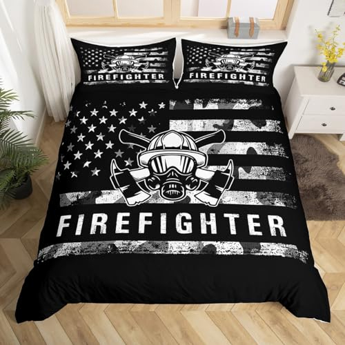 Feuerwehr Bettbezug Set L Größe,Retro amerikanische Flagge Patriotische USA Flagge Bettwäsche Mädchen Jungen Erwachsene,Feuerwehr LKW Tröster Abdeckung,Schwarz Grau Camo Quilt Cover,2 Kissenbezug