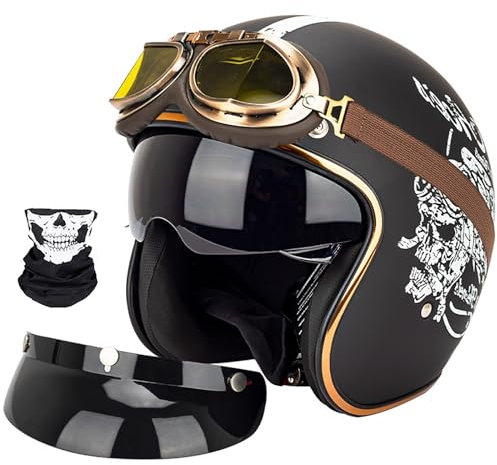 Open Face Motorradhelm 3/4 Retro Classic Mopedhelm ECE-zugelassene Half Face Vintage Motorradhelme mit Visier für Scooter Moped Cruiser Motorrad
