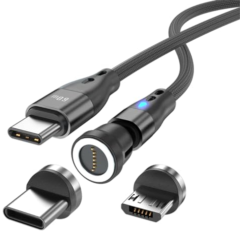 Magnetic Charging Cable USB C to USB Type C/Micro USB Magnetic Cable Pd 60w Fast Charging 1m/2m 540° Rotation 2-in-1 Magnet USB Cable for Android Micro USB Type C Smartphone Tablet Laptop(1m Black)