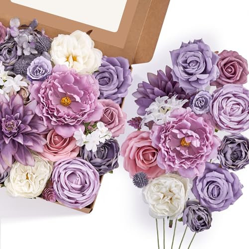 Serwalin Artificial Flowers Dreamy Purple Silk Fake Flowers for DIY Wedding Bridal Bouquets Centerpieces Arrangements Party Baby Shower Artificial Peonies Flowers for Decoration