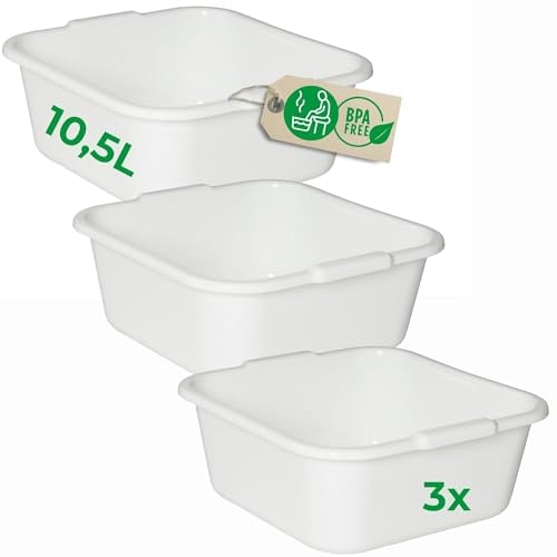 Novaliv 3x Spülschüssel eckig 10,5L, 34x34 cm, Weiß, BPA-frei Spülmaschinenfest Ideal für Küche und Camping, Wanne, Große Plastikschüssel, Waschschüssel eckig, Waschwanne, Abwaschschüssel
