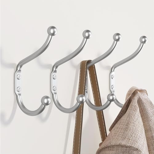 Kleine Wandhaken 9,5 cm für Jacken – Wandhaken zum Einschrauben für Wand, Tür, Bad, Dusche, Kleiderschrank, Flur – Metallhaken für Handtücher, Kleidung, Taschen, Schlüssel, Hüte – 4 Stück, Silber