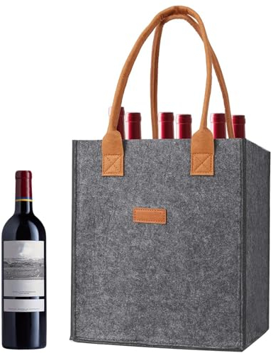 Felt Wine Bottle Carrier, 6-Bottle Reusable Compartment Holder with 2 Handles, Sturdy Gift Bag for Transporting 750ml Wine, Beer, Champagne