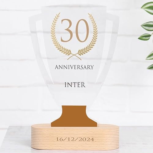 Wanapix | Coppa Trofeo Personalizzabile con Nome | Trofeo Sportivo | Coppa Personalizzata | Plexiglass | Base in Legno Naturale Inciso | Anniversario