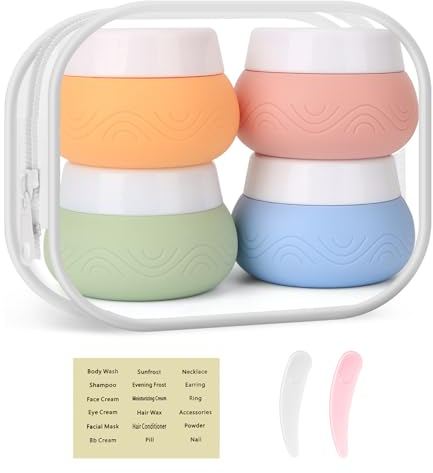 OWill Lot de 4 flacons de voyage en silicone pour produits de toilette avec trousse de toilette transparente,petit pot,approuvés par la TSA,pour crème pour le visage et le corps,kit voyage avion