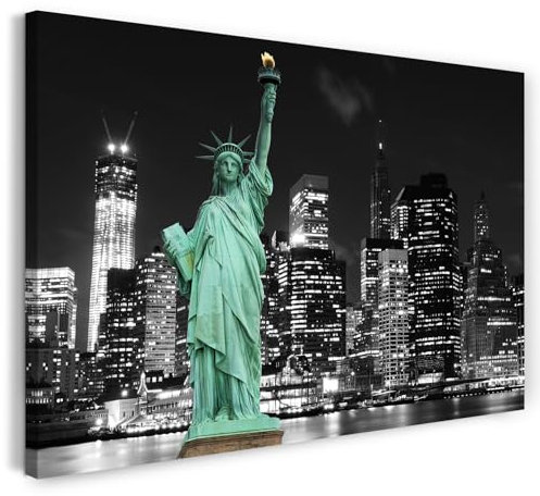 Printistico Leinwandbild (80x60cm) Freiheitsstatue Amerika, New York bei Nacht, Wolkenkratzer - USA Fotografie, echter Holz-Keilrahmen inkl. Aufhänger, handgefertigt in Deutschland