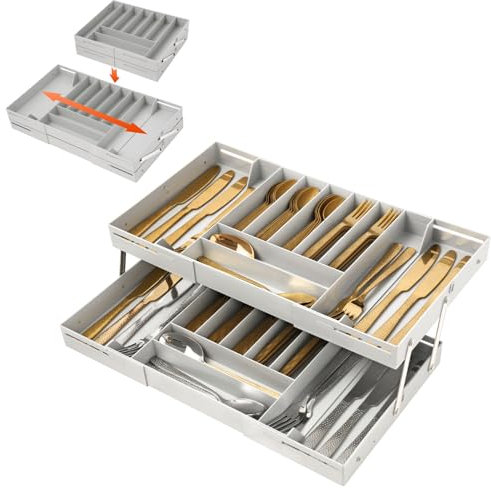 Veathzet Rangement de tiroir à couverts,Rangement de tiroir à 2 niveaux,Rangement d'ustensiles de cuisine extensible,Gain de place pour les tiroirs à couverts,à maquillage,de bureau (Gris)