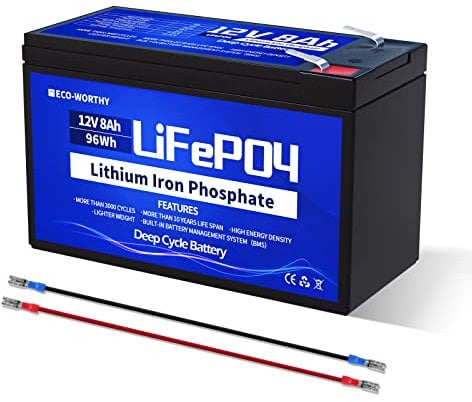 ECO-WORTHY Batteria LiFePO4 da 12 V, 8 Ah, 4000+ cicli al litio, batteria a ciclo profondo con 8A BMS, per solare, fishfinder, ruote elettriche, illuminazione, sistema di allarme