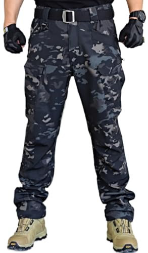 WINKEEY Pantalon Tactique Homme Pantalon de Travail Militaire Randonnée Imperméable Coupe-Vent 8 Poches, Camouflage Noir XXL