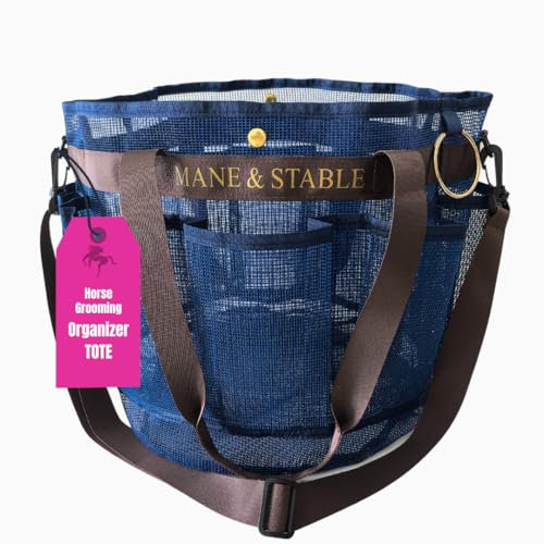 MANE & STABLE Pferdepflegetasche, große Netztasche für Pferde, Organizer mit 8 Taschen für Pferdebedarf, Königsblau/Schokoladenbraun