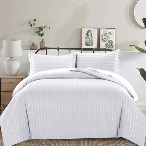 PRIME LINENS 3 Piece Duvet Cover Set Satin Stripes Quilt Cover Bedding Sets with Pillowcases Hotel Quality Ultra Soft Hypoallergenic Machine Washable (White, Super King)
