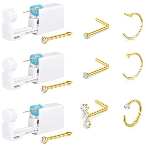 AceFun 9 Stück Nasenpiercing Pistole Kit, Gold Piercing Pistole Mit Integrierten Nasenbolzen, Schmerzloses Self-Piercing Set Mit 20G Nasenringen, Einweg-Piercingpistole für Zuhause