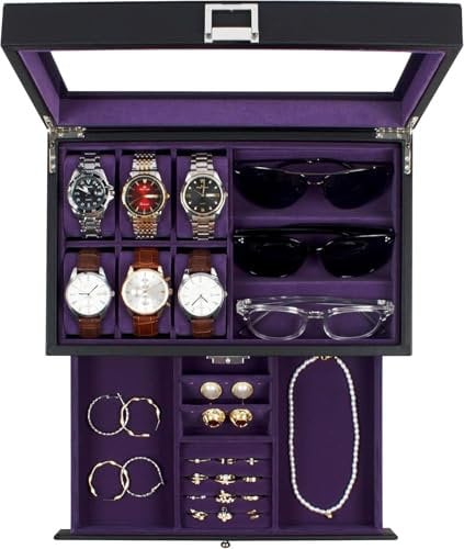 KILHS Uhrenbox für 6 Uhren und 3 Sonnenbrillen, Watch Box mit Glasdeckel, Schmuckaufbewahrung Herrn, doppelter Platz für Ringe, Ohrringe usw., mit Schlüsselschloss, Geschenk, KS-A39BP