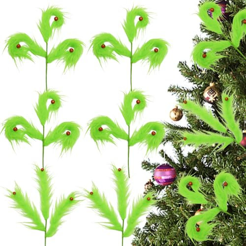 Grinchs Christmas Tree Picks Green Furry Curly Stems Christmas Tree Topper Decorations Grinchmas Xmas 16 Elf Ornaments DIYs Crafts Trees Wreath Garland Vase Filler Holiday Party Home Decor (6)