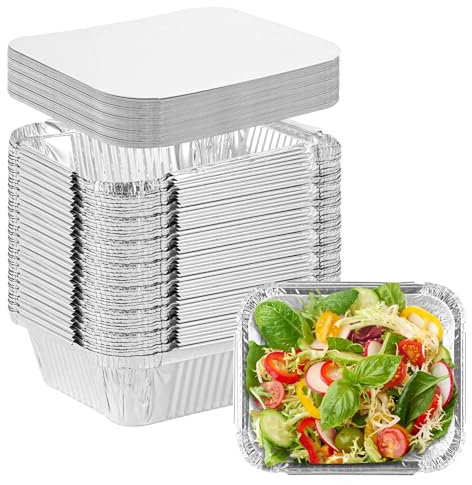 SENENQU 100PZ Bandejas Aluminio Desechables Pequeño 600ml con Tapa - Bandejas Desechables Aluminio Cuadradas para Horno, Asar, Vocinar - 16x13cm