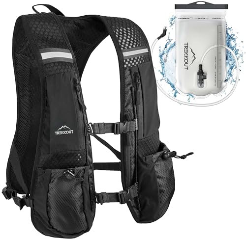 TREKKOUT Running Vest and Bladder | Adjustable Lightweight Hydration Vest with 5L Water Backpack for Men and Women | Breathable Mesh, Reflective, Multiple Pockets | Trail Running, Marathon, Hiking