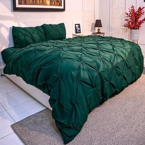 Q&H Double Duvet Cover Set Pillow Pair Cases - Soft Polyester Microfiber Breathable & Washable Comforter Sets - Ultra Soft Comfy Quilt Cover Pintuck Design (Emerald Green, Double 200x200cm)