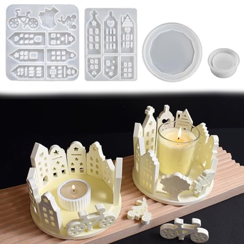 HIKLINK Silikonformen Gießformen Häuser, Silikonform Haus Fahrrad Baum Silikonform Kerzenhalter Gießform Haus Giessformen Silikon Häuser für Handwerk