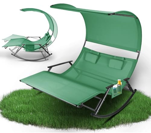 ISOISL Doppelliege Outdoor, sonnenliege für 2 Personen, mit Sonnendach, Tasche, doppel Schaukelliege bis 250 kg, Atmungsaktives Gewebe, Vielseitige Farbwahl für Garten, Balkon, Terrasse(Grüner)
