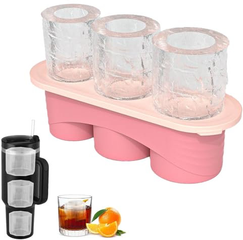 Toyone Stanley Cup Ice Cube Tray - Silicone Ice Cube Tray with Lid, 3-Compartment Ice Cube Tray for 40 oz Tumblers, Whisky, Cocktails & More (Pink)