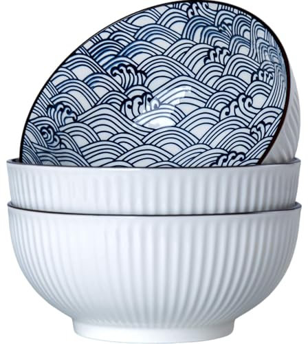 Yuanlity Lot de 3 grands bols à soupe de 1,7 l, bols à ramen japonais en céramique bleu et blanc, 20,3 cm, motif vagues
