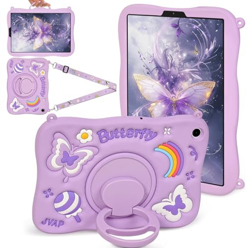 HaOaMoEo Case for Samsung Galaxy Tab A11 8.7 Inch 2025/ Galaxy Tab A9 8.7 Inch Cute Butterfly Cover Women Girl Kid 3D Cartoon Rotating Handle Stand & Shoulder Strap Soft Silicone Tablet A11/ A9