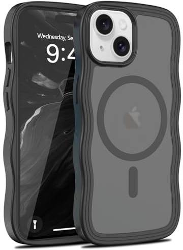 LLZ.COQUE for iPhone 14/13 Case Compatible with Magsafe Wavy Frame Black | Matte Translucent Clear Back, Magnetic Curly Wavy Frame Cover, Shockproof Anti-scratch Phone Case for Women Men, Black