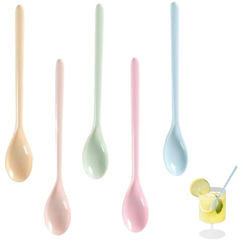 LINTRA 5 Piezas Cuchara Yogurt Largas, Material Plástico Cucharas de Huevos de Colores, Mango Largo Cucharas Plastico Duro Reutilizables, para Restaurante, Hogar, Cafetería