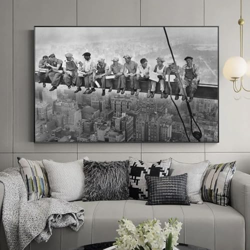 KEMEIQI Schwarz-weißer Kunstdruck auf Leinwand, „Lunch Atop a Skyscraper“, Poster, New York, Kunstgemälde für Wohnzimmer, Heimdekoration, 60 x 120 cm, rahmenlos