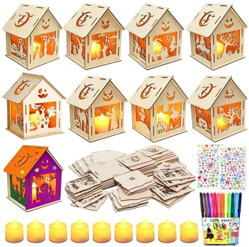 9 Stück Halloween Laternen Bastelset, DIY Halloween Geisterhaus Bastelsets, Holzlaterne für Kinder, Basteln und Bemalen Holzlaterne mit LED Kerzen Teelichthalter für Halloween Geschenk Kinder (B)