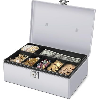 Flexzion Cash Box with Money Tray and Lock - Metal Money Box for Cash Storage with Secure Latch Lock & Key - Silver Petty Cash Box with 7 Compartment Money Tray for Small Businesses, 11x7.7x3.5 Inches