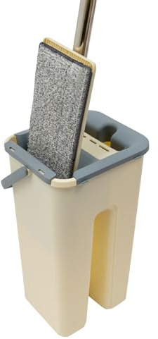 Wischmopp Set mit Eimer, 2 Kammern: eine für Wasser, eine mit Auswringfunktion, Putzeimer mit Wischmop und 10 Wischpads, für Laminat Hartholz Fliesen & Hartböden