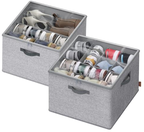 SONGMICS Schuh-Organizer, 2er Set, stapelbar, je für bis zu 16 Paar Schuhe | Schuhaufbewahrung platzsparend, verstellbare Trennwände, Deckel transparent, taubengrau, TINA Kollektion LSP622GD01