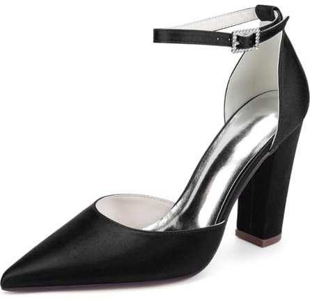 LRMYMHY Chaussures De Mariage en Satin À Bretelles De Cheville pour Femmes Talons À Talons Blocs Talons De Mariée À Bout Pointu,Noir,37 EU