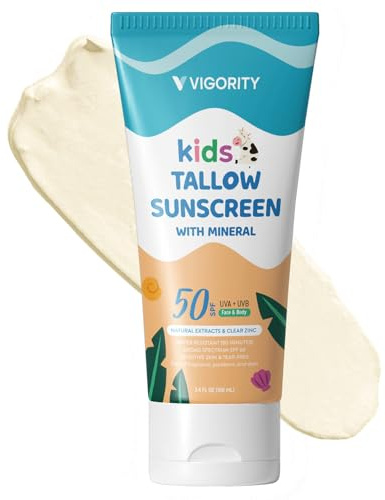 Beef Tallow Sunscreen for Kids with Zinc Oxide: Natural Non-Toxic SPF 50 Tallow Sunblock Cream - with Food-Grade Botanical Extracts - Kids & Sensitive Skin Safe, Water-Resistant