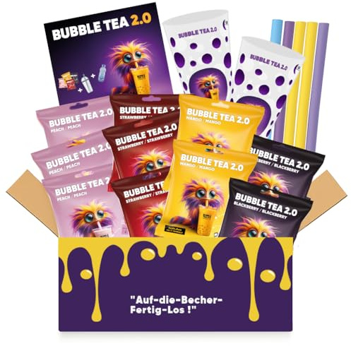 Bubble Tea Mix Party Geschenkbox – 10x Beutel mit Sirup & Perlen (Erdbeere, Peach, Mango, Brombeere) – inkl. 2x Mehrwegbecher & Bubble-Tea-Strohhalmen
