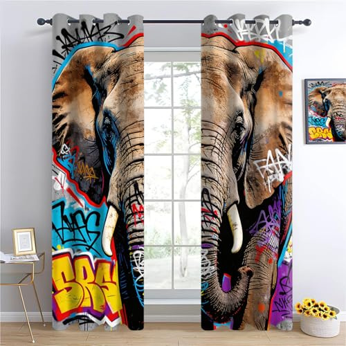 YNIOFU Elefant Verdunkelungsvorhänge, Graffiti-Elefant Blickdicht Schiebevorhänge, Wildtiere Isoliert Vorhänge, Street-Art-Stil Ösen Schlafzimmer Gardinen B117 x H230cm 2 Paneele