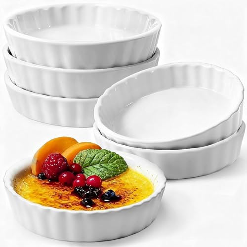 6 Stück Auflaufförmchen,Creme Brulee Schälchen,12x2,3cm Auflaufform Klein, Flache Souffleschalen zum Backen von Vanillepudding, Mini-Kuchen, Pudding und Dip-Saucen,weiß,