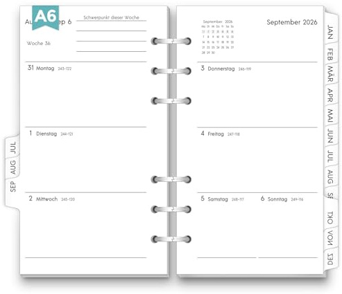 SKYDUE kalender 2026 2027 A6,Ringbuch Einlagen, A6 Ringbuch Nachfüllbar | Ringbuch Einlagen, Kalendereinlagen 1 Woche Auf 2 Seiten Mit Tabs, Kalender 2026 2027 A6 ringbuch ,Terminplaner Einlagen A6