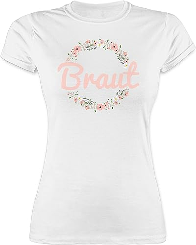 Shirt Damen - JGA Junggesellenabschied Frauen - Braut Motiv Blumenkranz - L - Weiß - utensilien junggesellinnenabschied t-Shirt jungesellinnenabschied Bachelorette Party bripe Tshirt