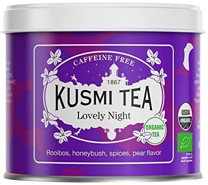 Kusmi Tea - Lovely Night - Infusion Bio - Mélange de Plantes et Épices Saveur Poire - Tilleul, Verveine et Rooibos Bio - Infusion sans Théine - Boîte Thé Métal 100g - Quantité pour environ 50 Tasses